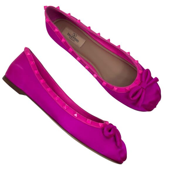 Valentino Garavani Rockstud Satin Square Ballet Flat Hot Pink Size 42 - Picture 4 of 15
